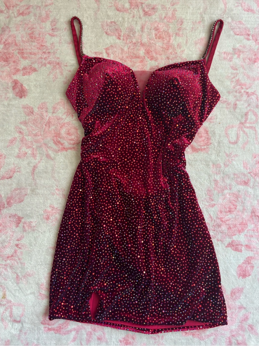 Rachel Allan rainbow studded backless vintage red velvet luxury mini dress